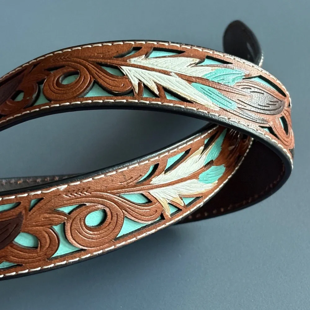 Nocona Mens Brown Leather Tooled Feather Turquoise Western Belt | Sz 34 |